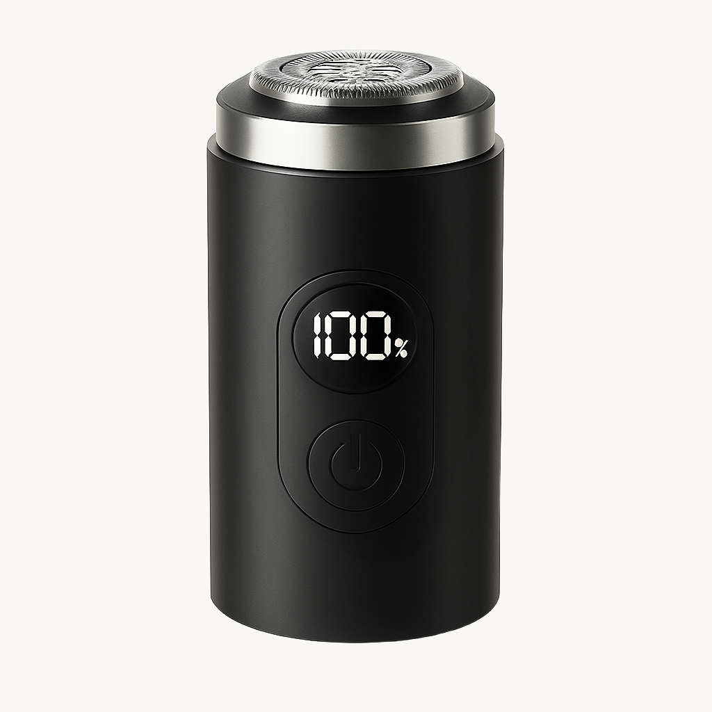 Black electric shaver with digital display on a white background