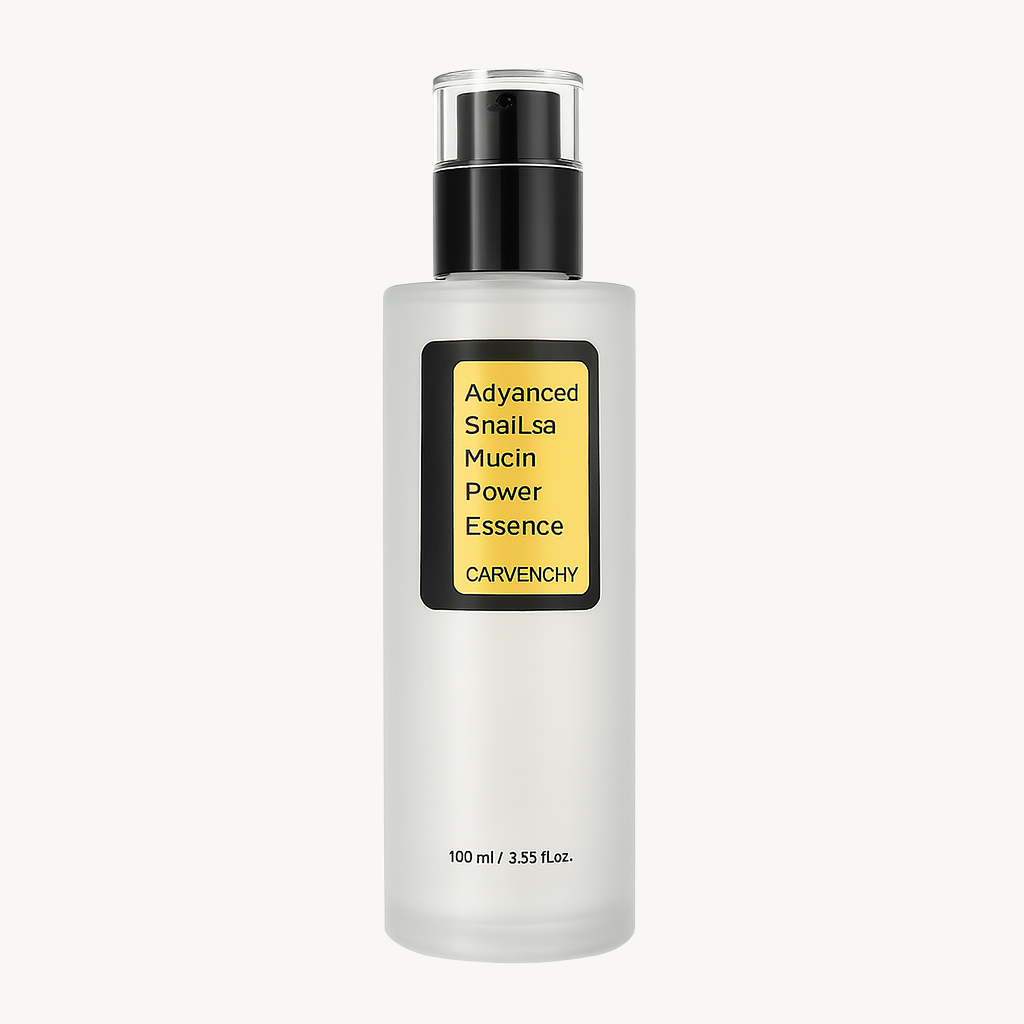 Carvenchy Advanced Snail Mucin Power Essence – 100 ml hydrating skincare serum in frosted pump bottle on white background – Verve & Valor