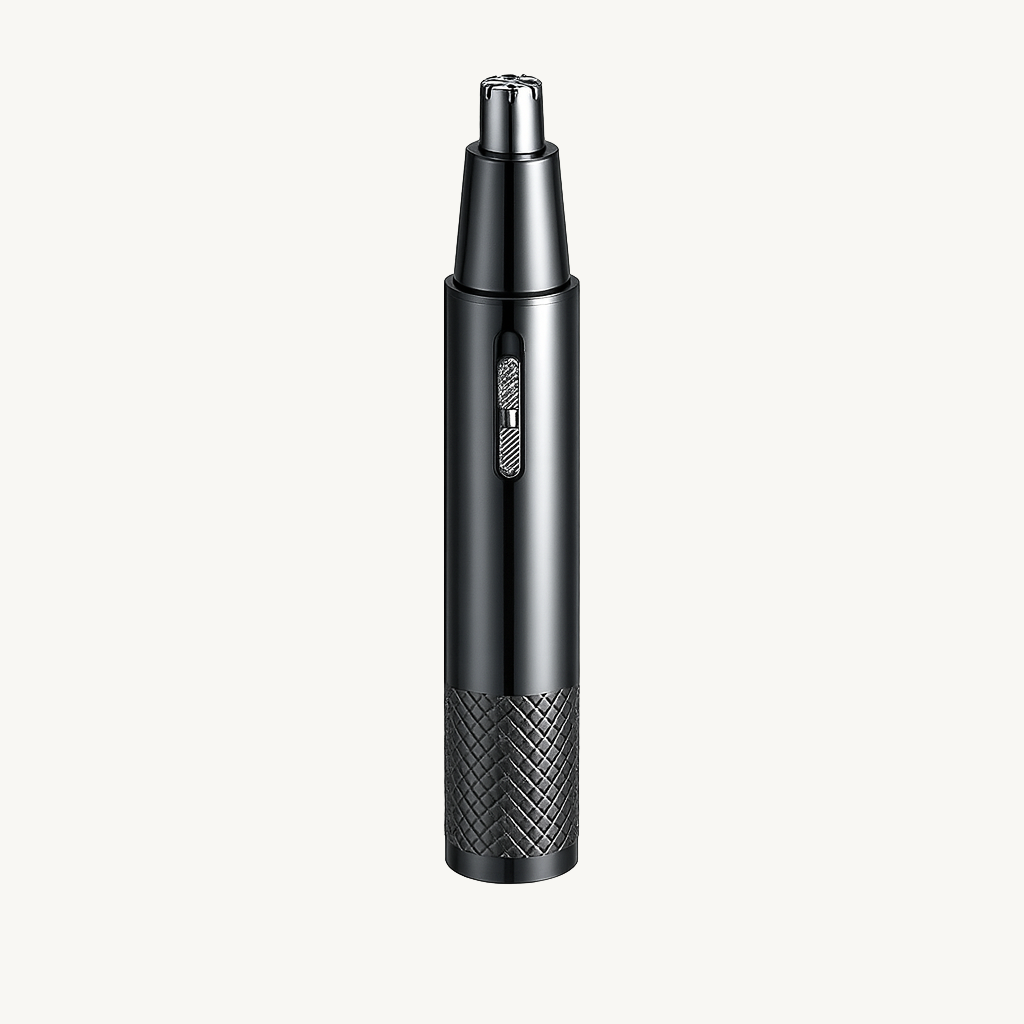 PrecisionPro™ mini electric nose and ear hair trimmer – sleek black and silver grooming tool on white background – Verve & Valor