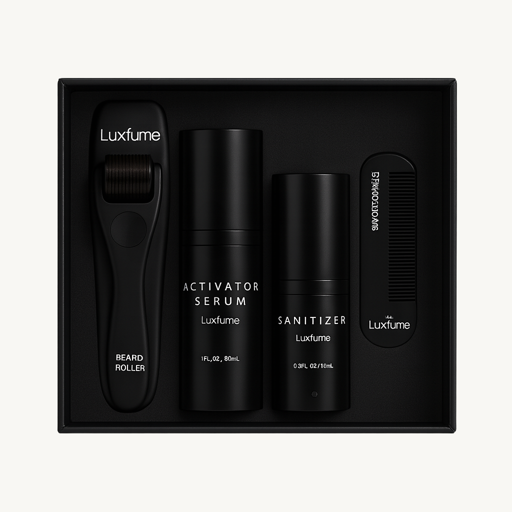 Luxfume beard growth kit – black box with beard roller, activator serum, sanitizer and comb – Verve & Valor