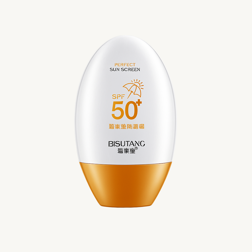 Sunscreen bottle with SPF 50+ on a white background
