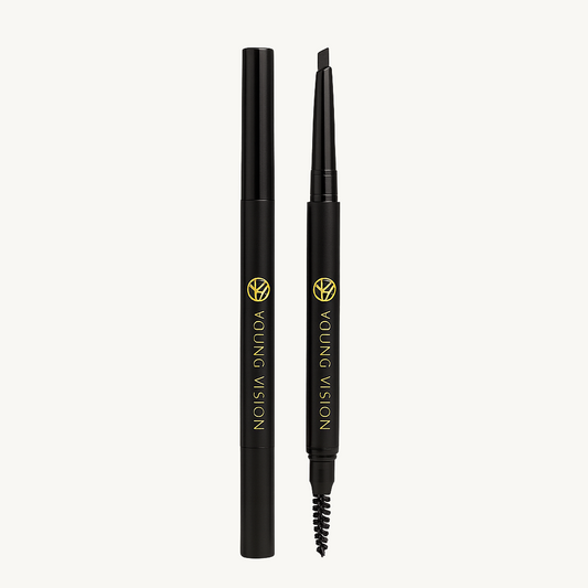 Black eyebrow pencil with cap on a white background, branded 'Young Vision'.