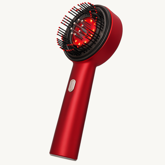 Red hair dryer with brush attachment on a white background