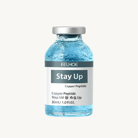 Blue vial labeled 'Stay Up' by EELHOE on a white background