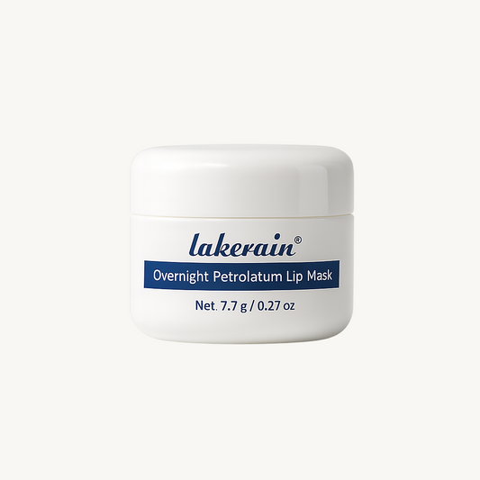 Lakerain Overnight Petrolatum Lip Mask – white jar with blue label, 7.7 g / 0.27 oz, product photo on a white background