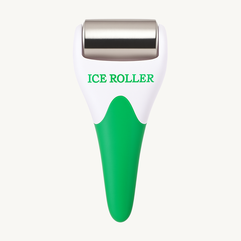 Green-and-white stainless-steel ice roller for face massage and puffiness relief – Verve & Valor product photo