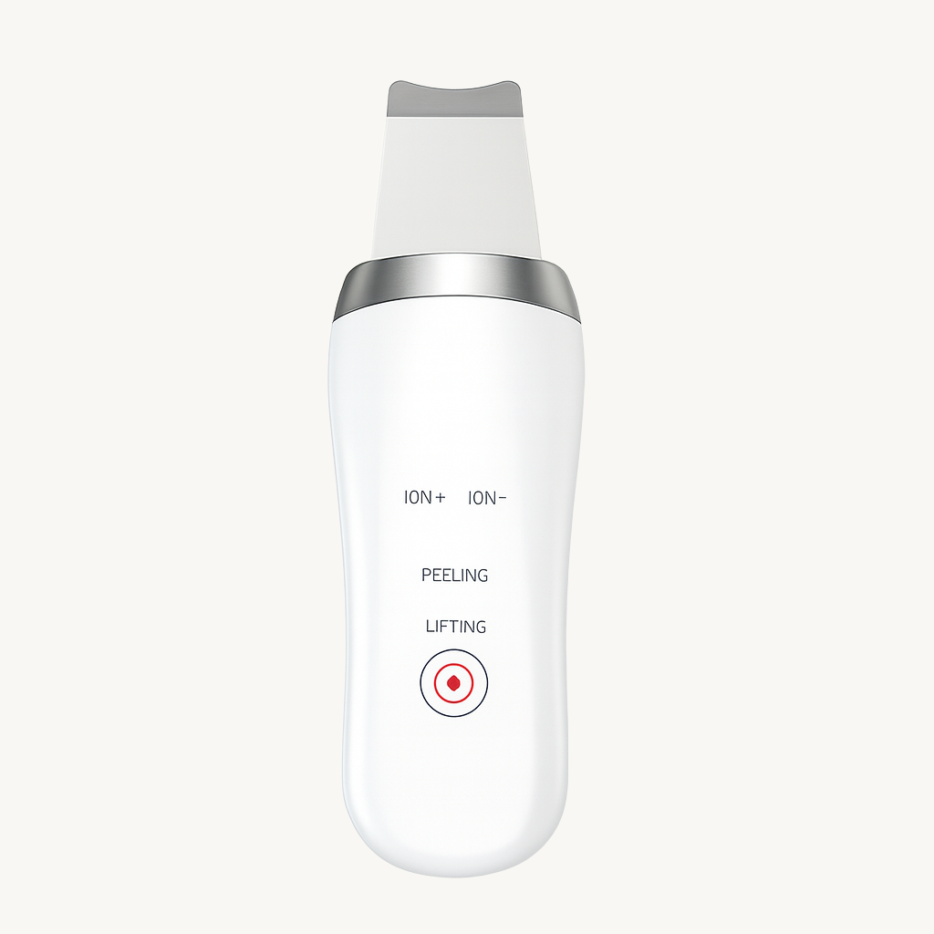 White ultrasonic skin scrubber device with silver spatula tip – 4-mode facial peeling and lifting tool – Verve & Valor