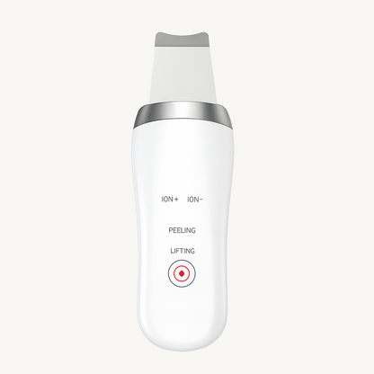 White ultrasonic skin scrubber device with silver spatula tip – 4-mode facial peeling and lifting tool – Verve & Valor