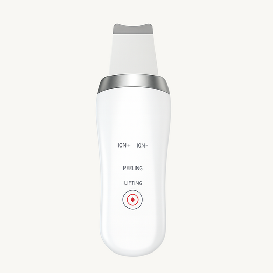 White ultrasonic skin scrubber device with silver spatula tip – 4-mode facial peeling and lifting tool – Verve & Valor