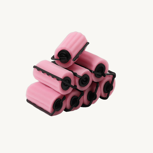 Set of 10 pink foam hair rollers with black plastic clips for heat-free curling – Verve & Valor
