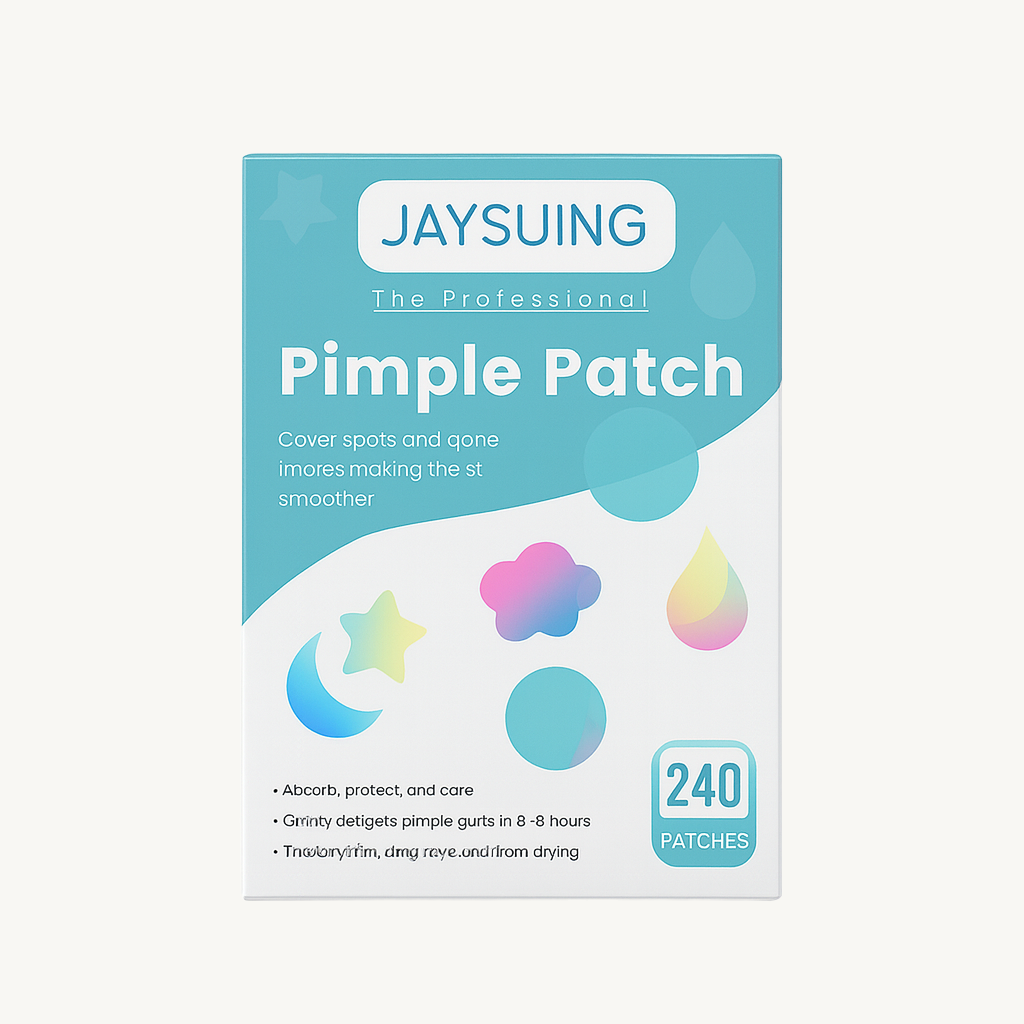 Jaysuing pimple patch packaging – 240 acne spot patches in assorted shapes on white background – Verve & Valor