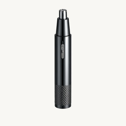 PrecisionPro™ mini electric nose and ear hair trimmer – sleek black and silver grooming tool on white background – Verve & Valor