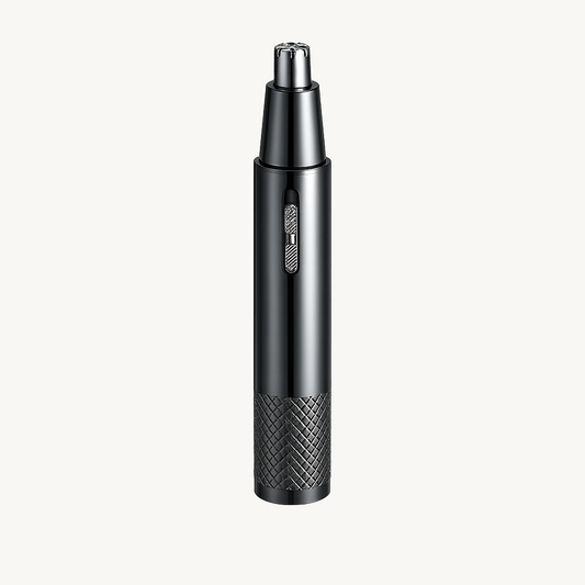 PrecisionPro™ mini electric nose and ear hair trimmer – sleek black and silver grooming tool on white background – Verve & Valor