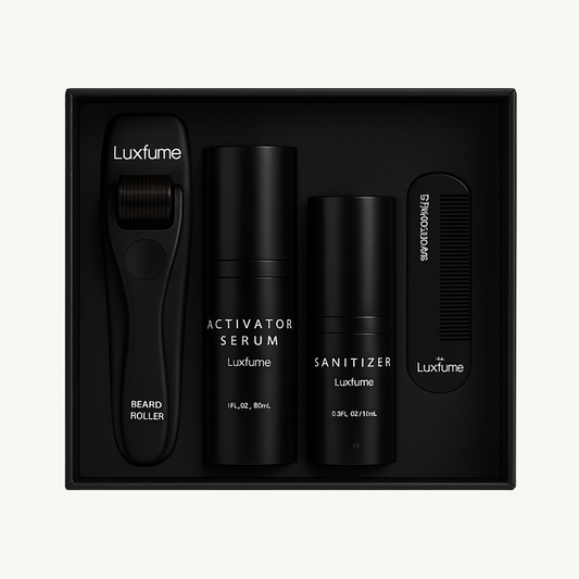 Luxfume beard growth kit – black box with beard roller, activator serum, sanitizer and comb – Verve & Valor
