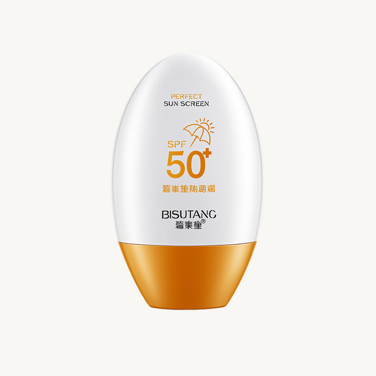 Sunscreen bottle with SPF 50+ on a white background
